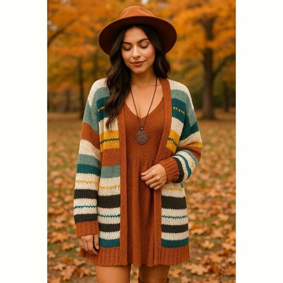 Boho Striped Open Front Knit Cardigan Sweater Women’s Size M Oversized Fall Cozy - Picture 1 of 8